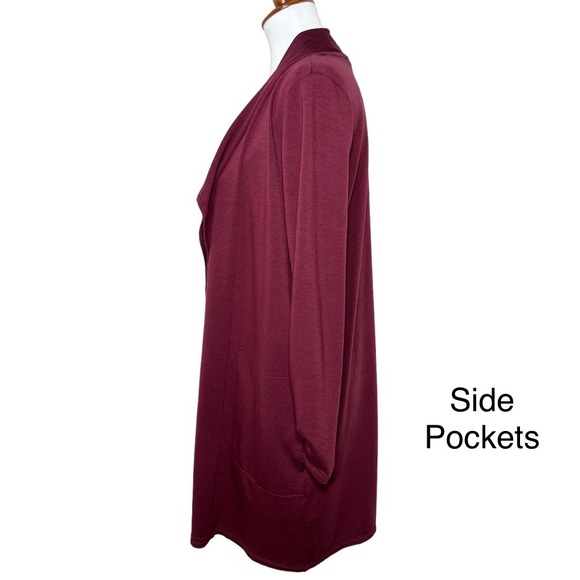 J. Jill Waterfall Draped Open Front Long Knit Burgundy Cardigan Small - Picture 3 of 10